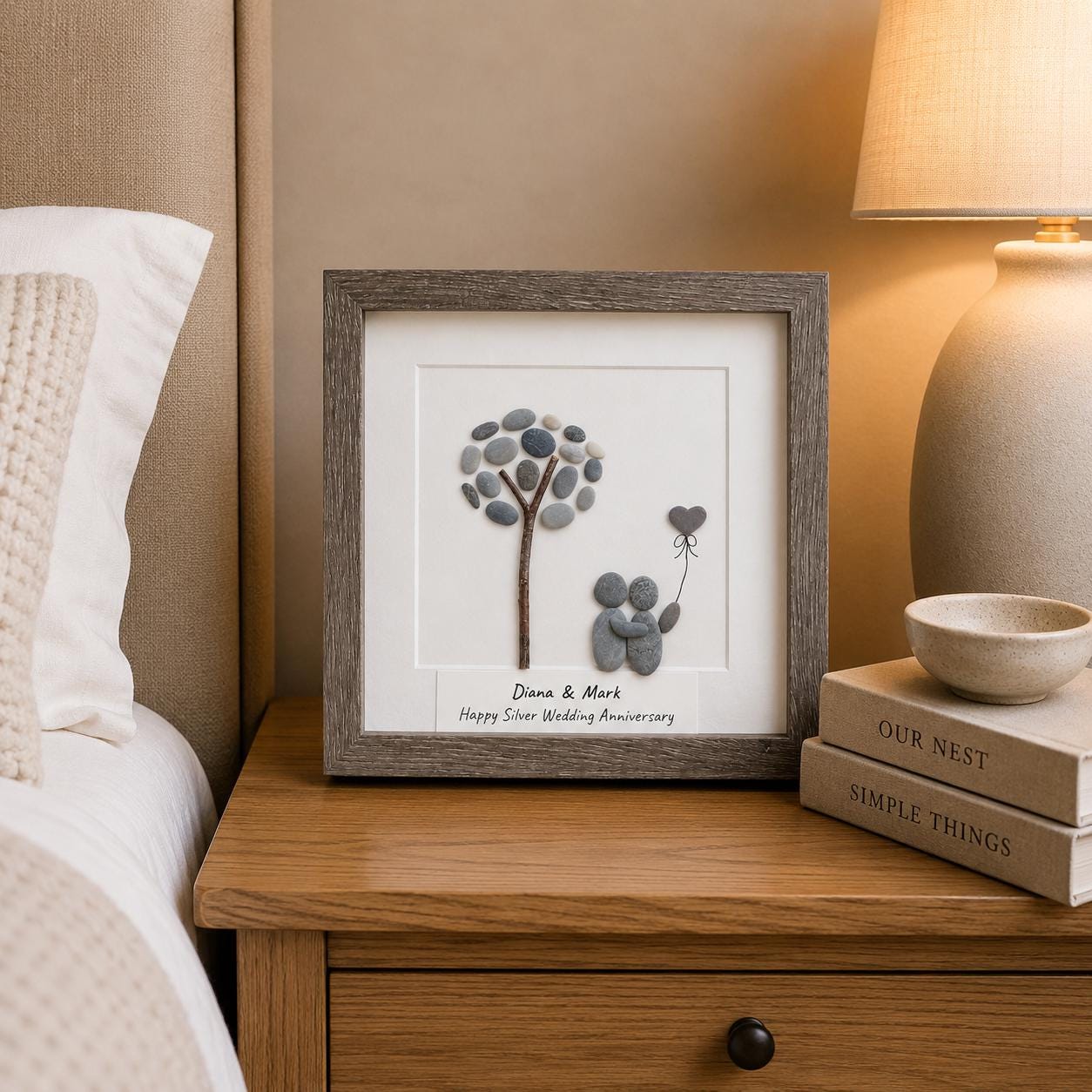25th Anniversary Gift for Couple, Personalized Pebble Art, Silver Wedding Anniversary Keepsake