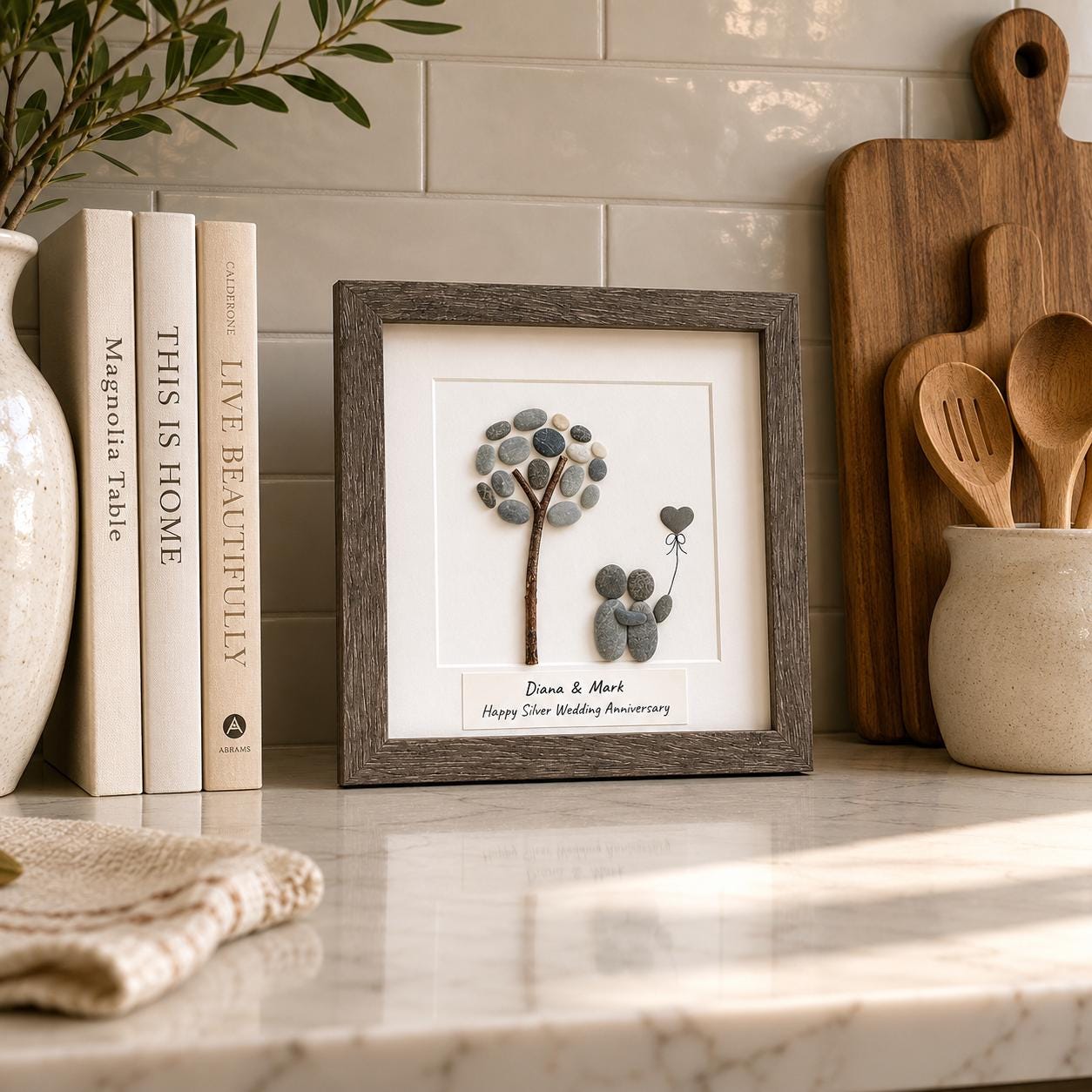 25th Anniversary Gift for Couple, Personalized Pebble Art, Silver Wedding Anniversary Keepsake