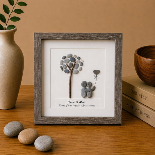 25th Anniversary Gift for Couple, Personalized Pebble Art, Silver Wedding Anniversary Keepsake