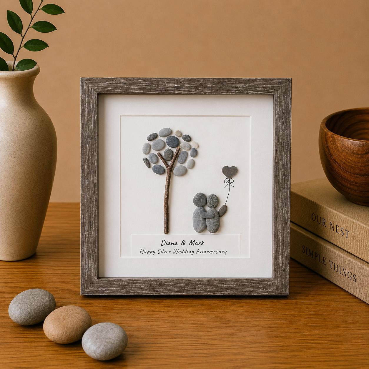 25th Anniversary Gift for Couple, Personalized Pebble Art, Silver Wedding Anniversary Keepsake