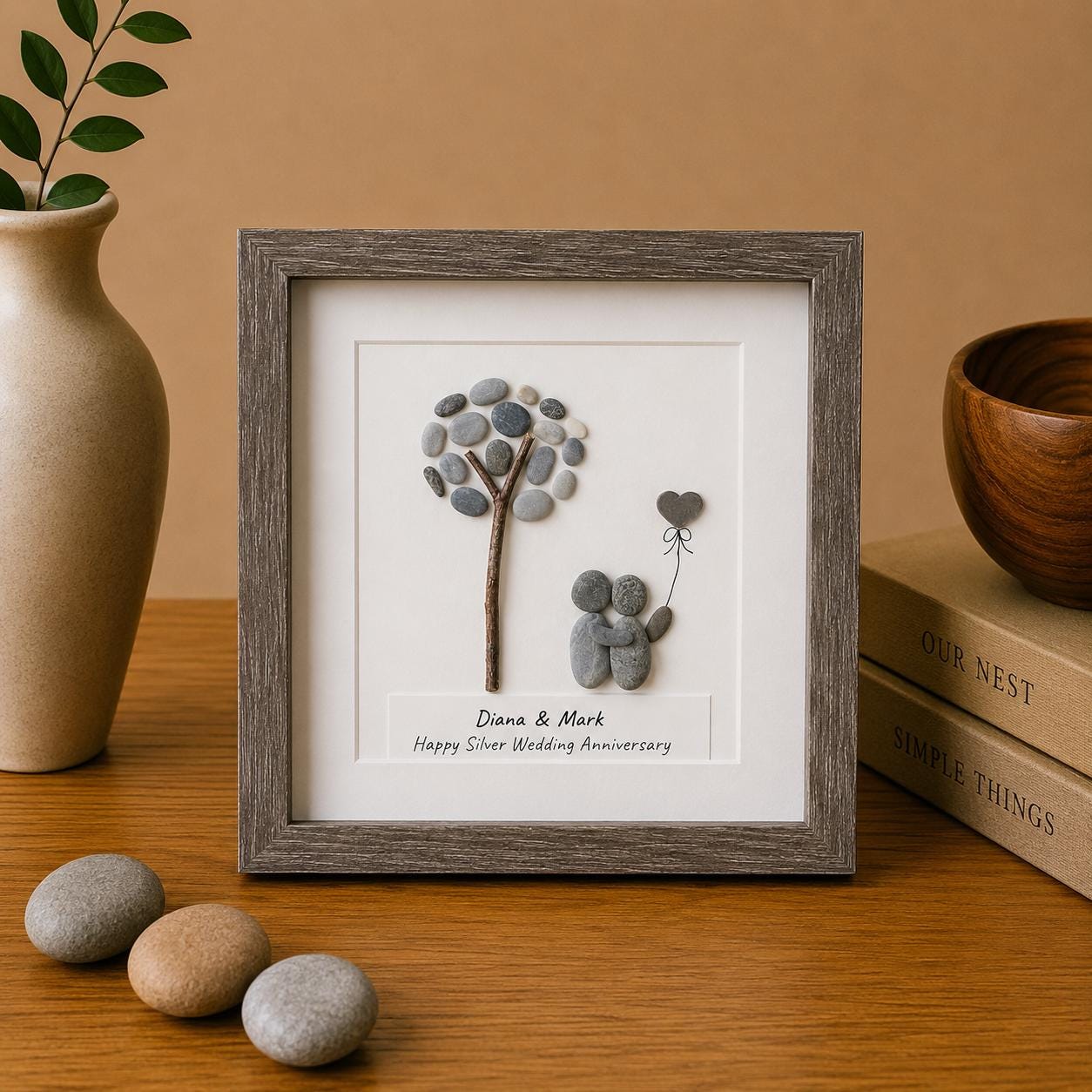 25th Anniversary Gift for Couple, Personalized Pebble Art, Silver Wedding Anniversary Keepsake