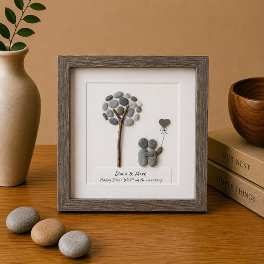 25th Anniversary Gift for Couple, Personalized Pebble Art, Silver Wedding Anniversary Keepsake