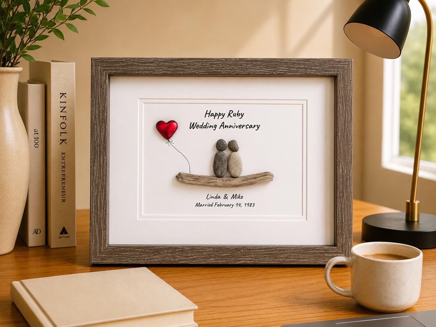 40th Wedding Anniversary Gift | Custom and Personalized Ruby Anniversary Pebble Art