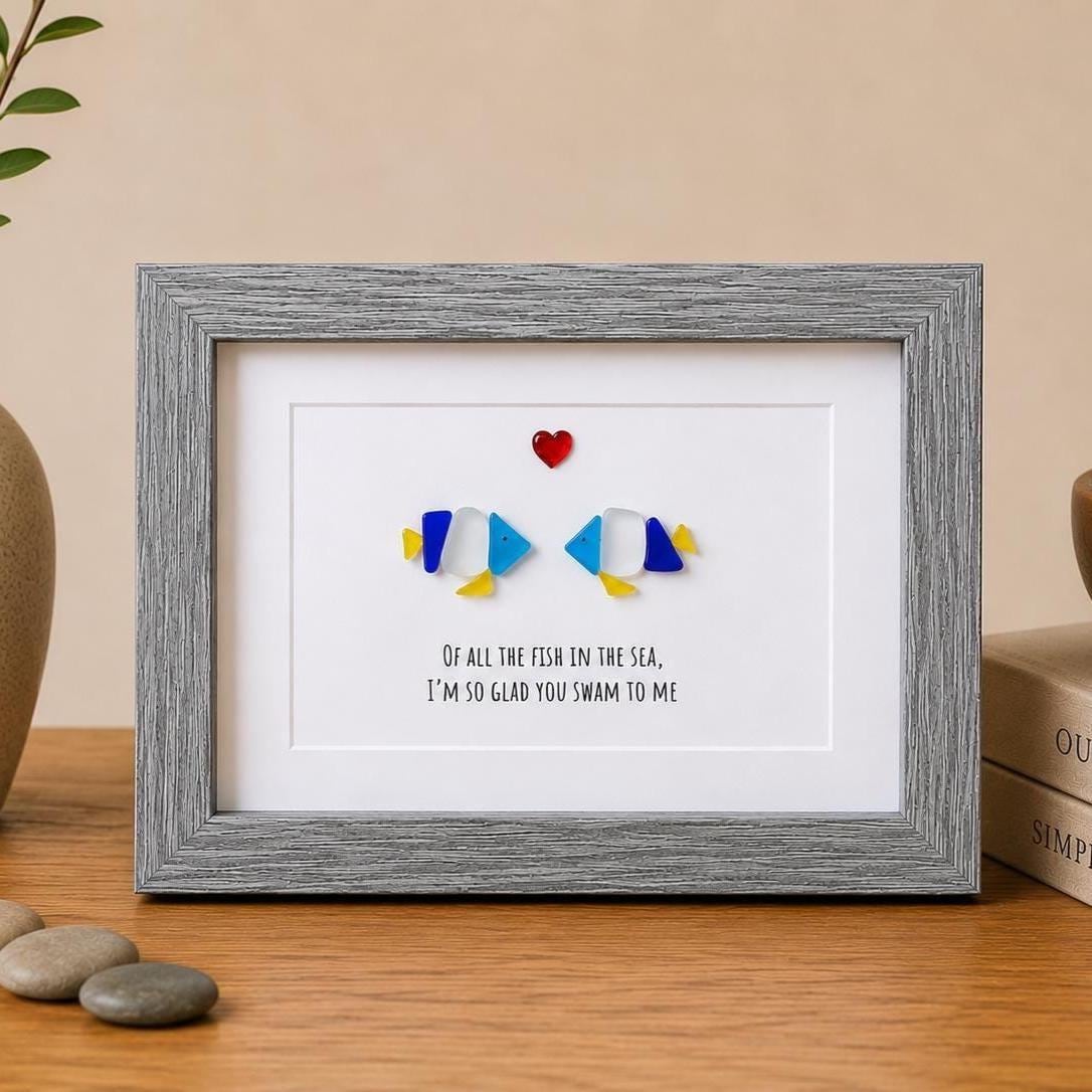 Fish Sea Glass Art Gift for Him or Her, Of All the Fish in the Sea, Beach Glass Love Gift, Anniversary Gift, Coastal Couple Decor