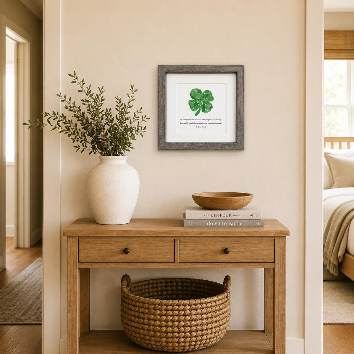 Shamrock Sea Glass Art, Handmade Lucky Four Leaf Clover Wall Art, Irish Blessing Keepsake