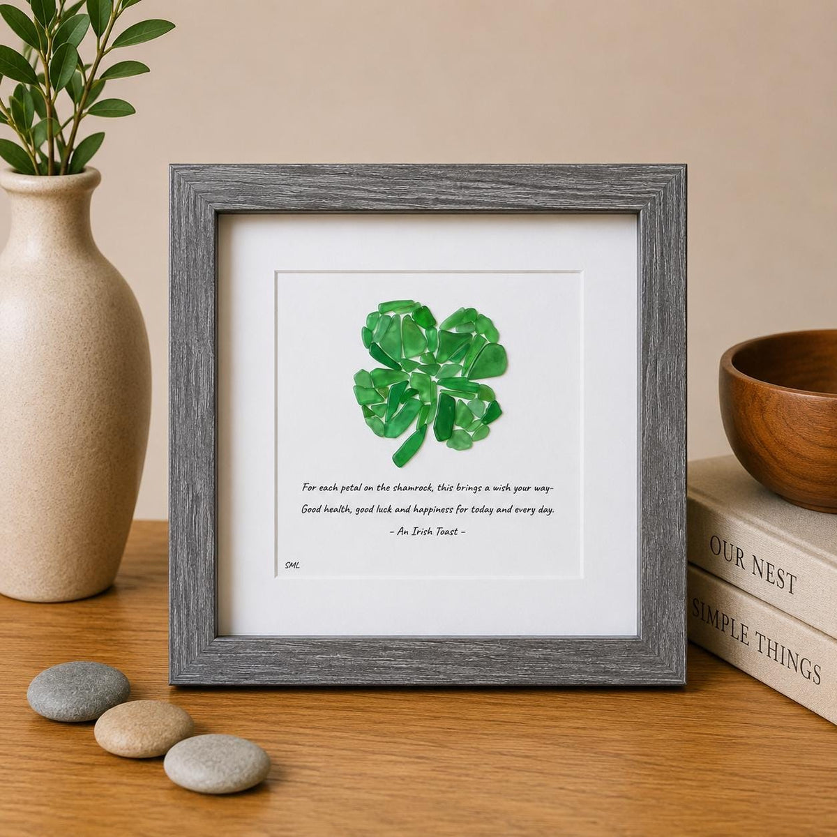 Shamrock Sea Glass Art, Handmade Lucky Four Leaf Clover Wall Art, Irish Blessing Keepsake