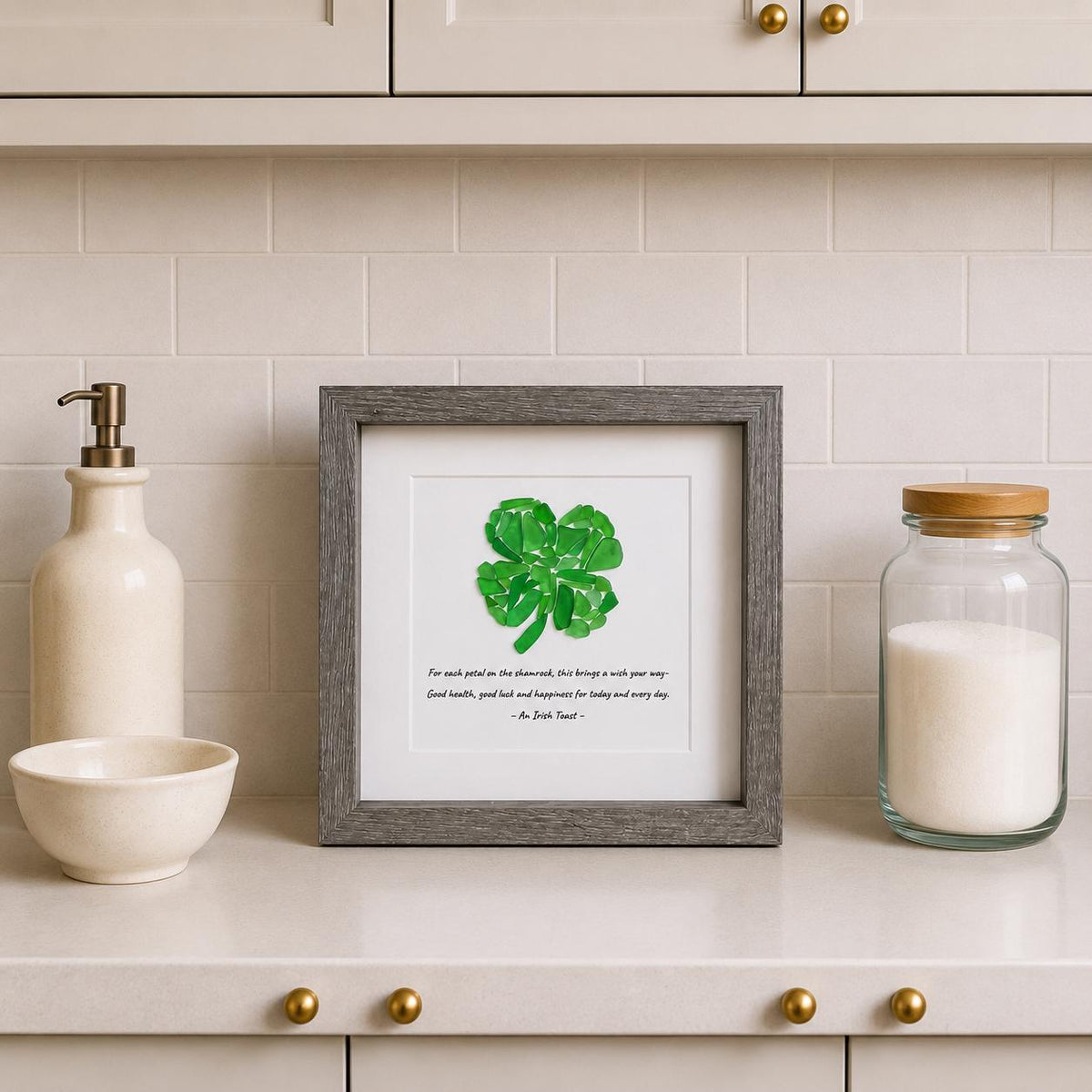 Shamrock Sea Glass Art, Handmade Lucky Four Leaf Clover Wall Art, Irish Blessing Keepsake