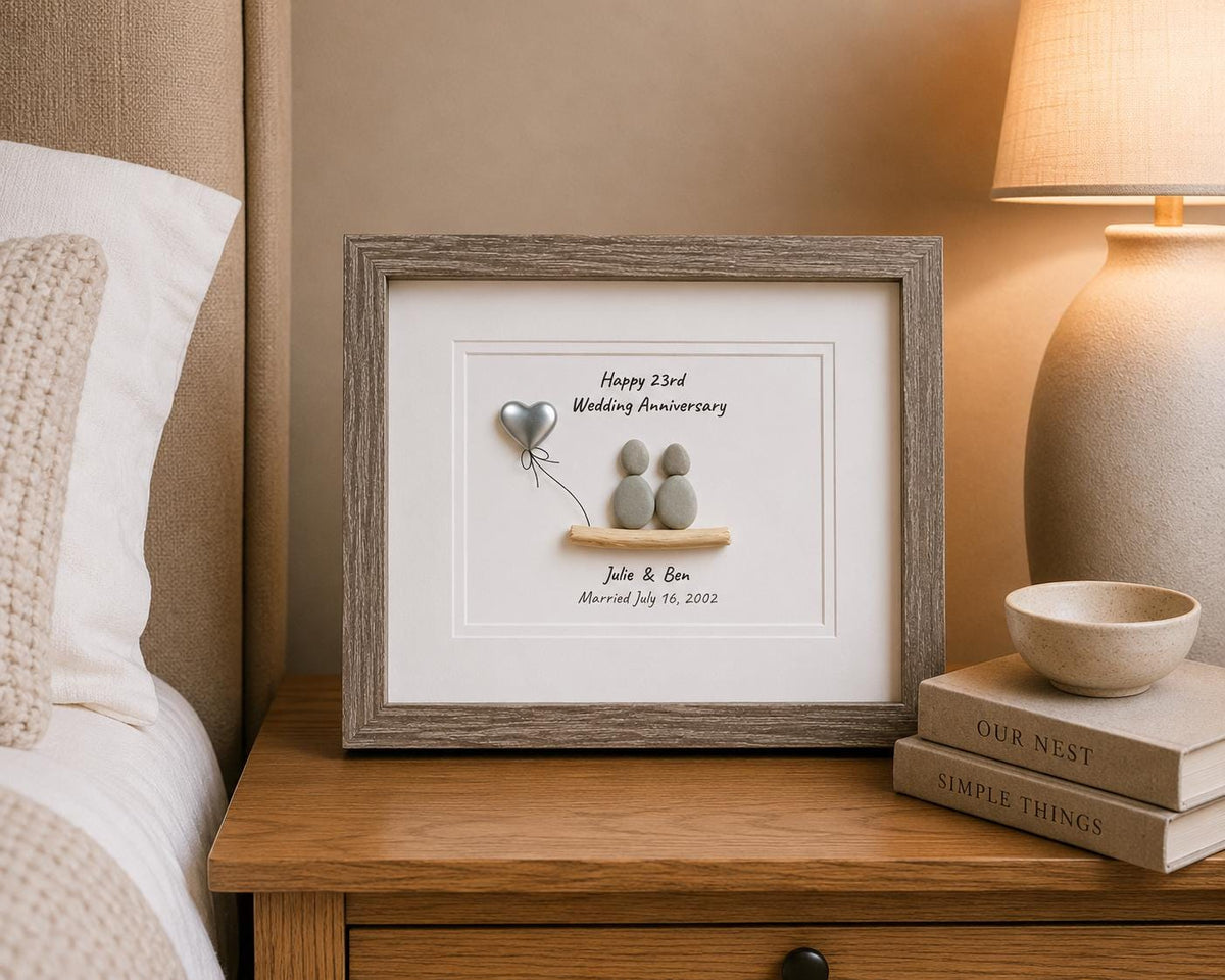 23rd Wedding Anniversary Personalized Gift, 8x10” Framed Sea Glass Art, Silver / Silver Plate Anniversary Gift for Parents, Wife, Husband