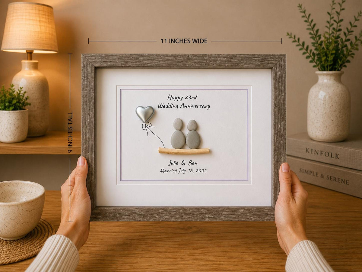 23rd Wedding Anniversary Personalized Gift, 8x10” Framed Sea Glass Art, Silver / Silver Plate Anniversary Gift for Parents, Wife, Husband