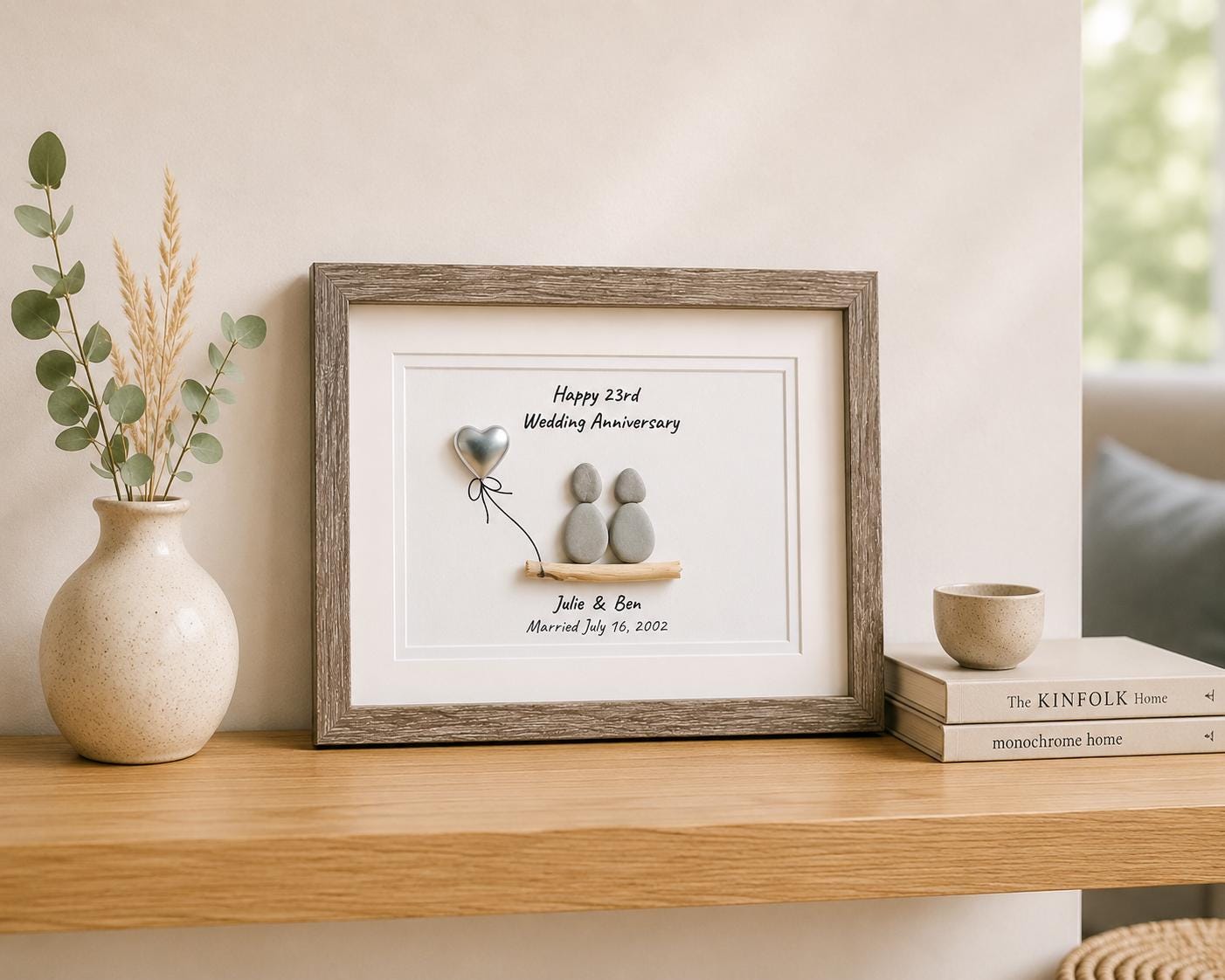 23rd Wedding Anniversary Personalized Gift, 8x10” Framed Sea Glass Art, Silver / Silver Plate Anniversary Gift for Parents, Wife, Husband