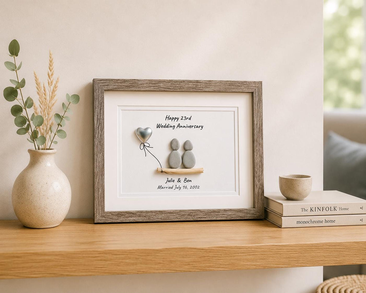 23rd Wedding Anniversary Personalized Gift, 8x10” Framed Sea Glass Art, Silver / Silver Plate Anniversary Gift for Parents, Wife, Husband