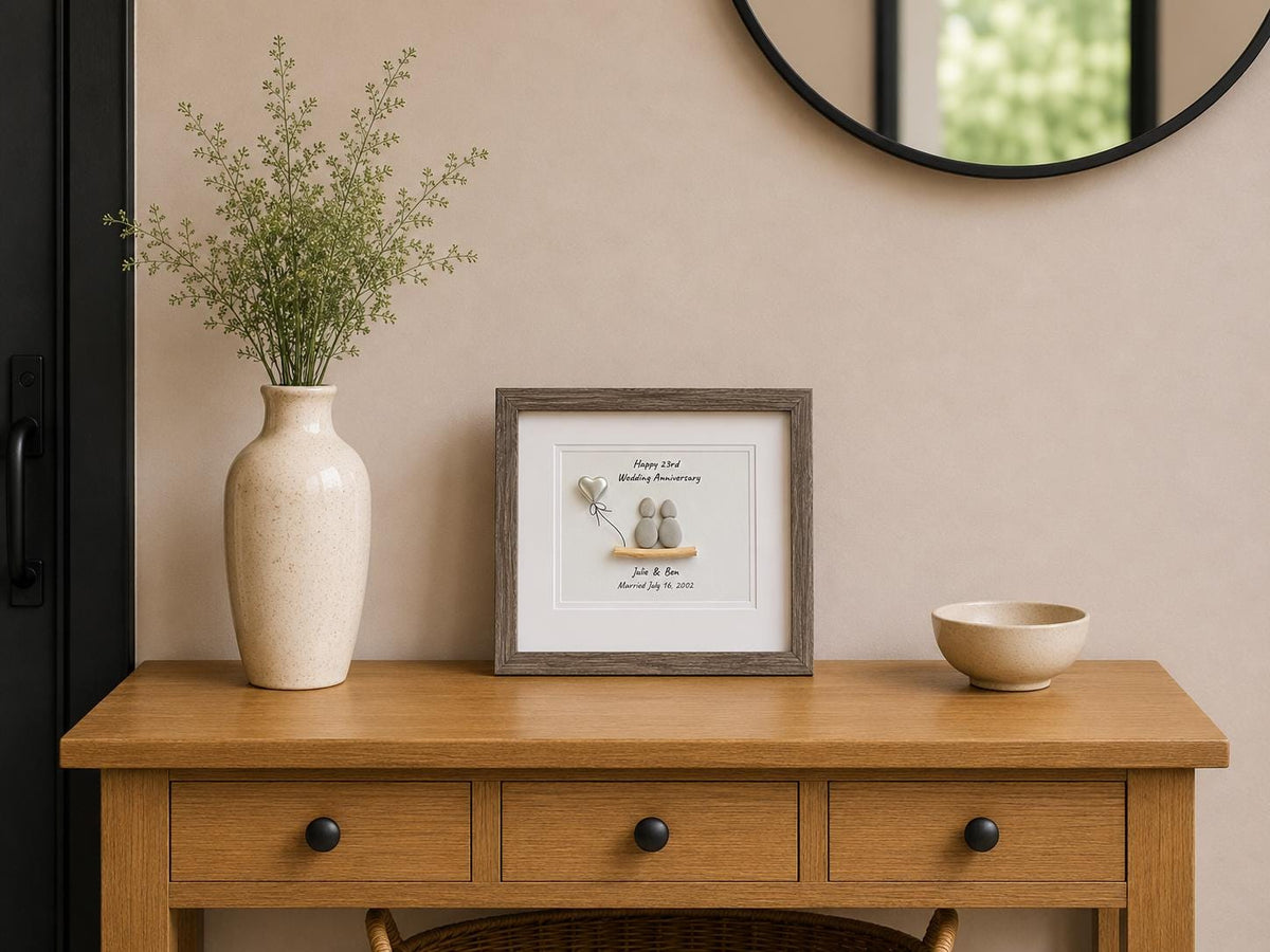 23rd Wedding Anniversary Personalized Gift, 8x10” Framed Sea Glass Art, Silver / Silver Plate Anniversary Gift for Parents, Wife, Husband