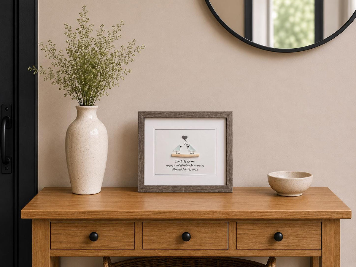 23rd Wedding Anniversary Personalized Gift, 8x10” Framed Sea Glass Art, Silver / Silver Plate Anniversary Gift for Parents, Wife, Husband