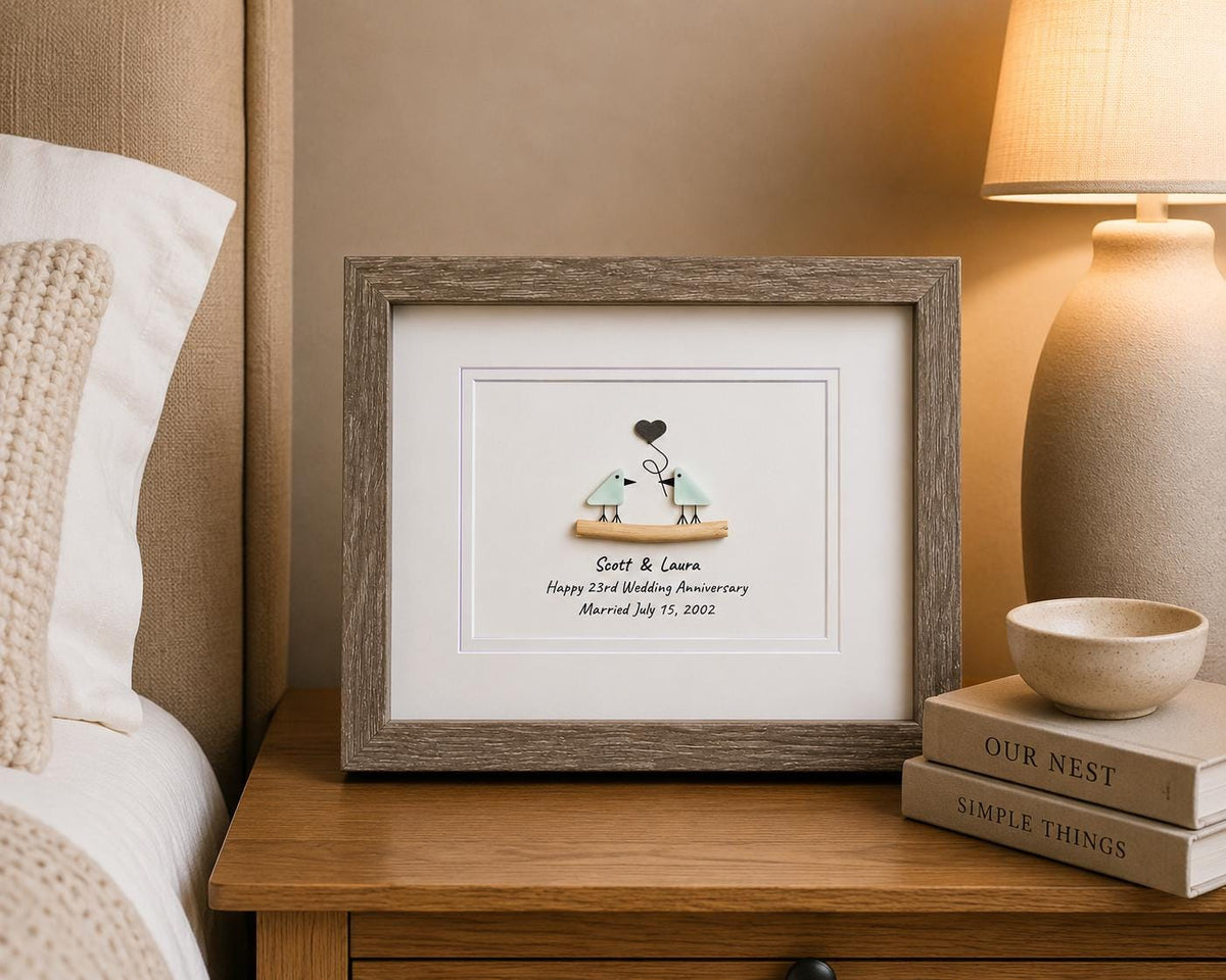 23rd Wedding Anniversary Personalized Gift, 8x10” Framed Sea Glass Art, Silver / Silver Plate Anniversary Gift for Parents, Wife, Husband