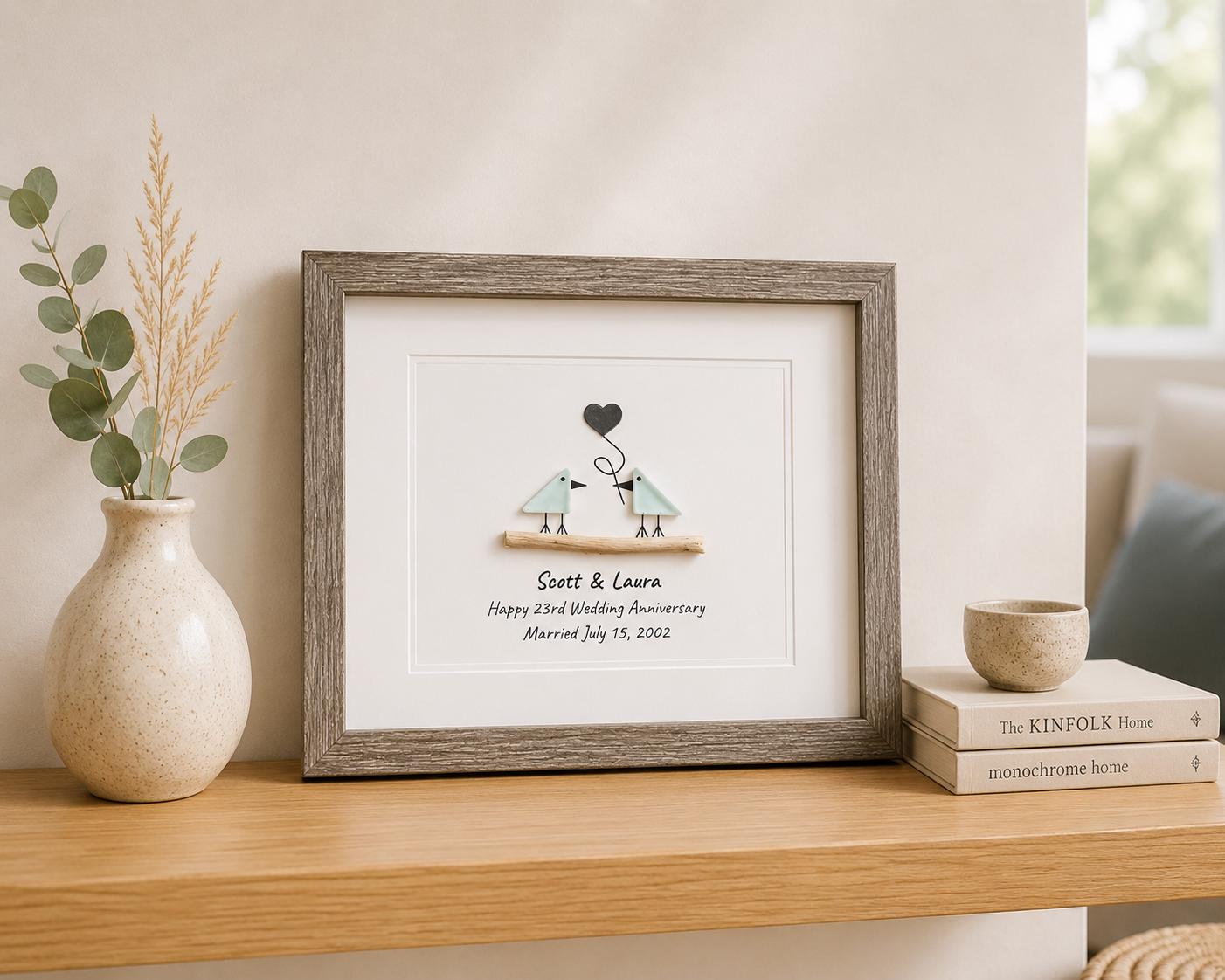 23rd Wedding Anniversary Personalized Gift, 8x10” Framed Sea Glass Art, Silver / Silver Plate Anniversary Gift for Parents, Wife, Husband