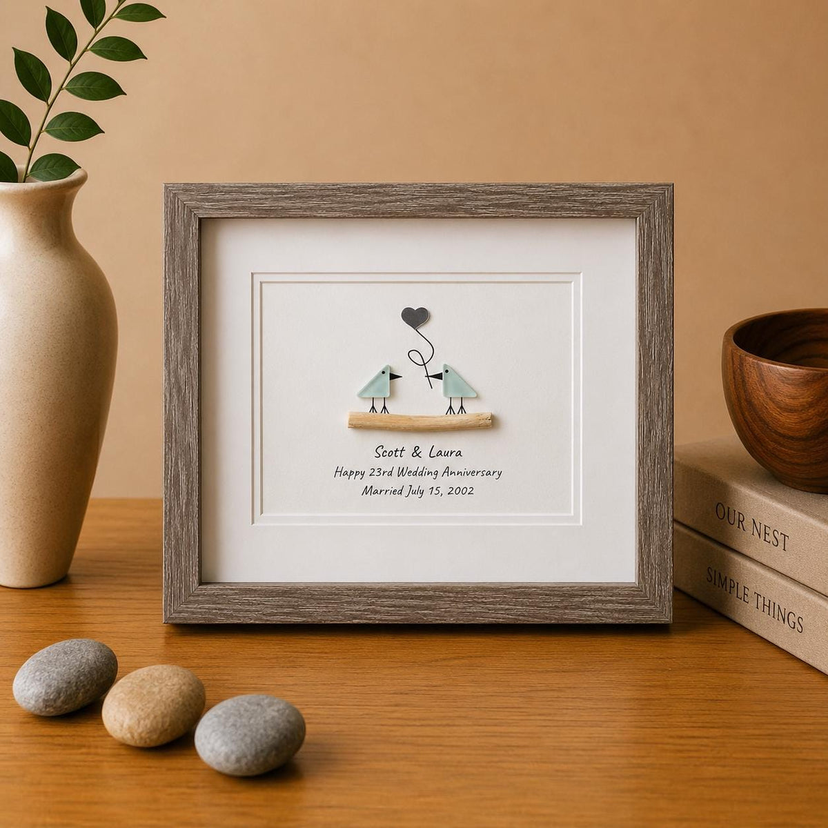 23rd Wedding Anniversary Personalized Gift, 8x10” Framed Sea Glass Art, Silver / Silver Plate Anniversary Gift for Parents, Wife, Husband
