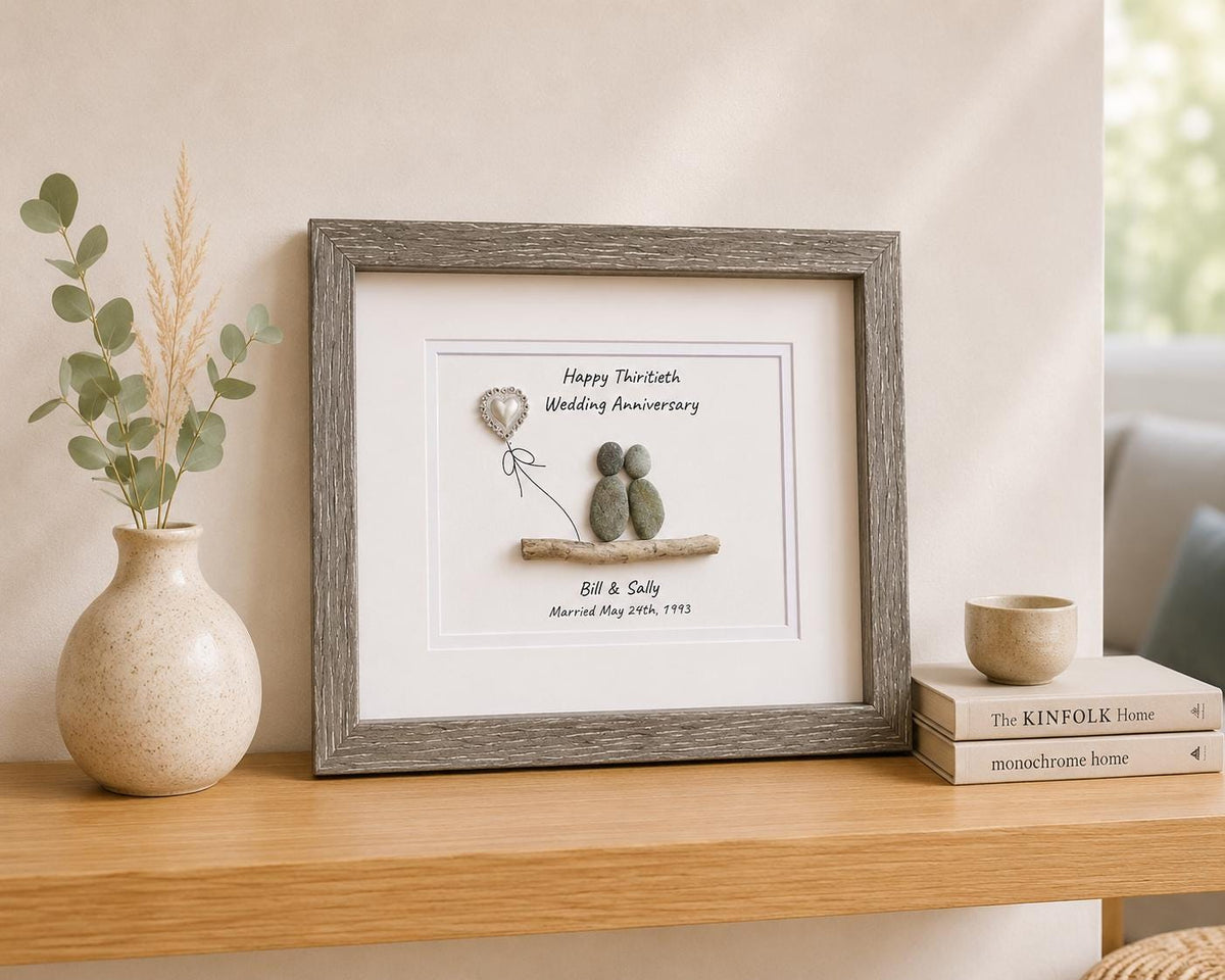 30th “Pearl” Wedding Anniversary Personalized Gift, 8 x 10” Framed Pebble Art, Anniversary Gift - Parents, Wife, Husband, Friends, Sea Glass