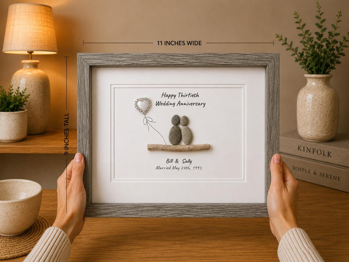 30th “Pearl” Wedding Anniversary Personalized Gift, 8 x 10” Framed Pebble Art, Anniversary Gift - Parents, Wife, Husband, Friends, Sea Glass