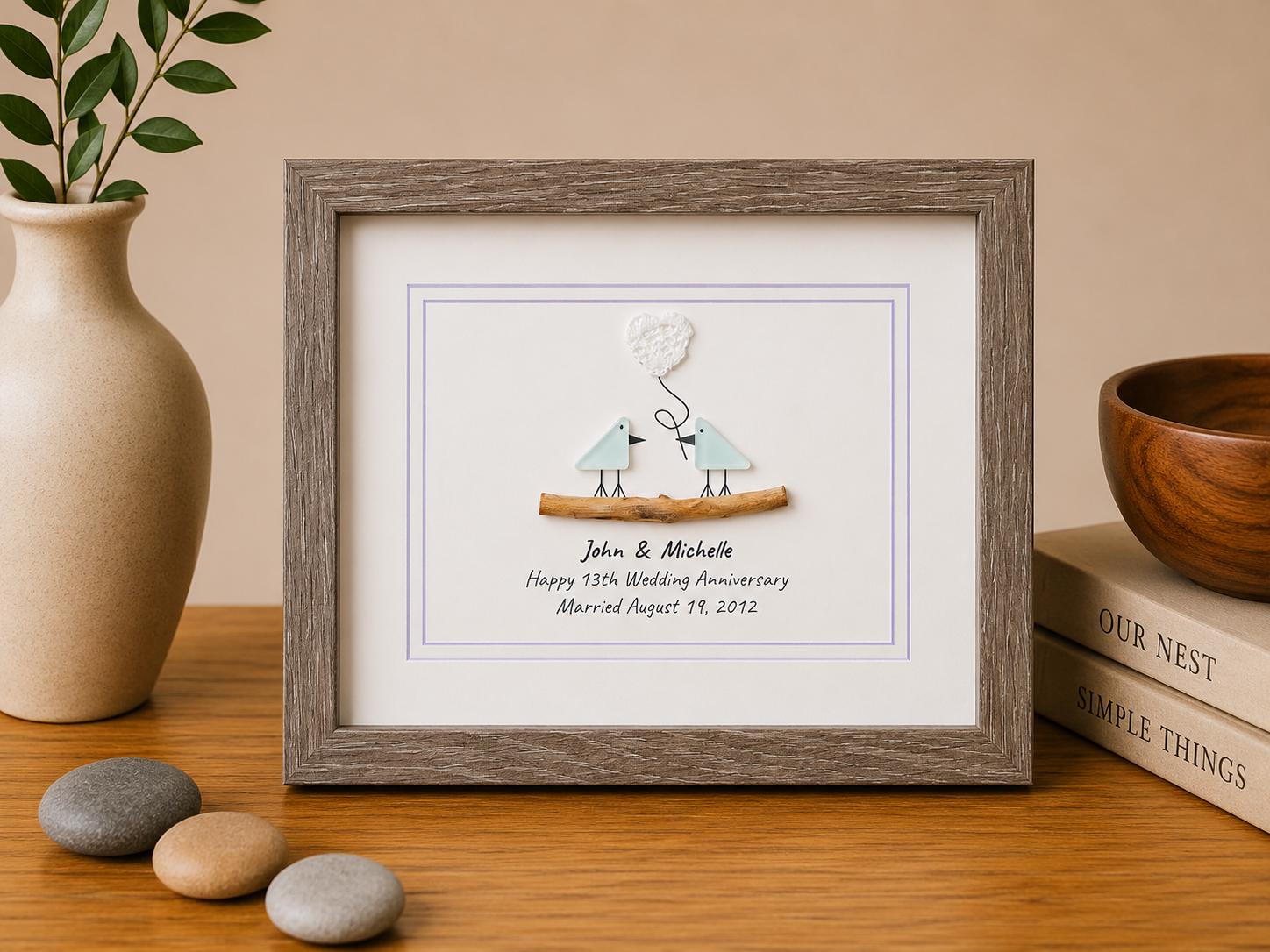13th Wedding Anniversary 8x10" Framed Sea Glass Art, Personalized Lace or Textile Anniversary Gift for Parents, Wife, Husband, Friends