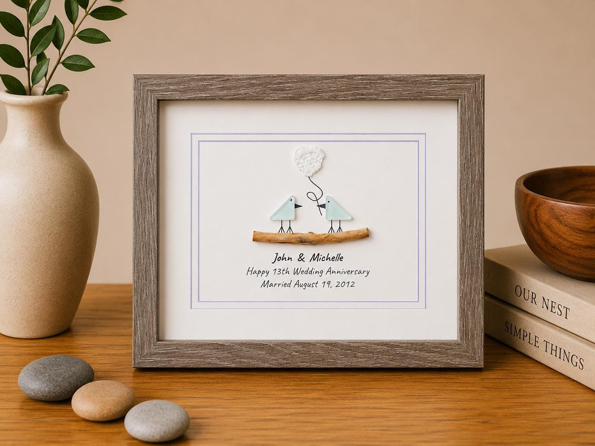 13th Wedding Anniversary 8x10" Framed Sea Glass Art, Personalized Lace or Textile Anniversary Gift for Parents, Wife, Husband, Friends