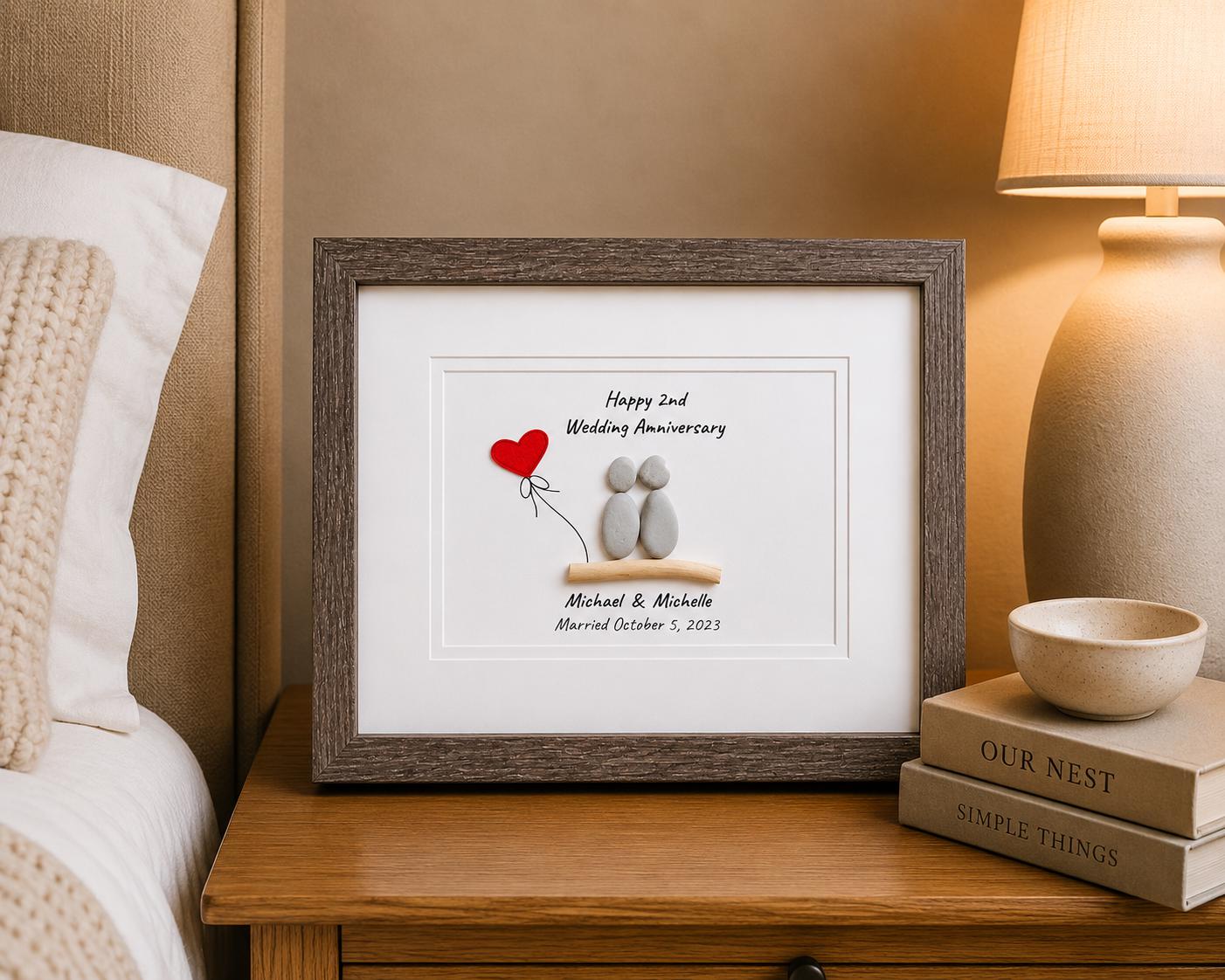 2nd Wedding Anniversary Pebble Art | Cotton Anniversary Gift With Red Heart