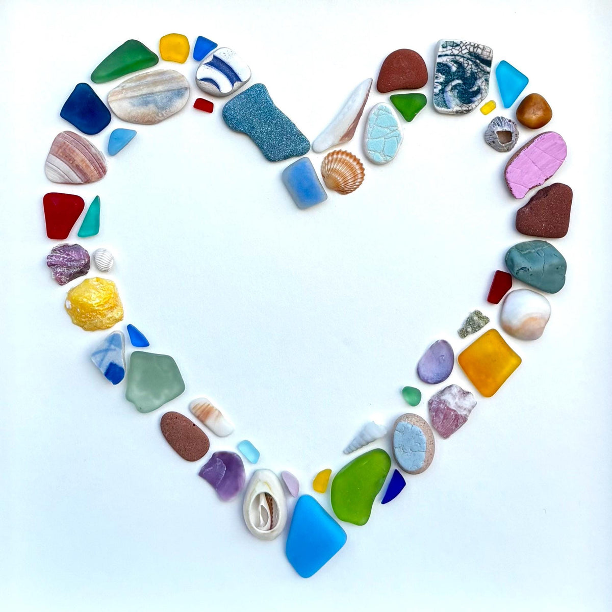 Hollow Heart Shaped Beach Mosaic | Colorful Glass, Shells, Pottery and, Pebbles | Love Art | Handmade Original Coastal Decor | 8x8 Beach Art