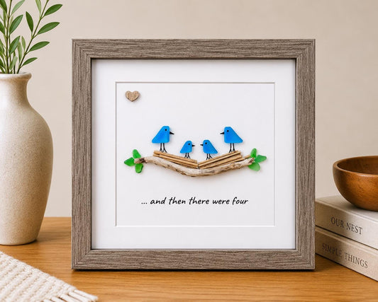 Sea Glass Bird Family of Four, 8x8 Personalized Framed Picture, New Baby Gift, Mother’s Day Gift, Handmade Artwork, New Parents Gift