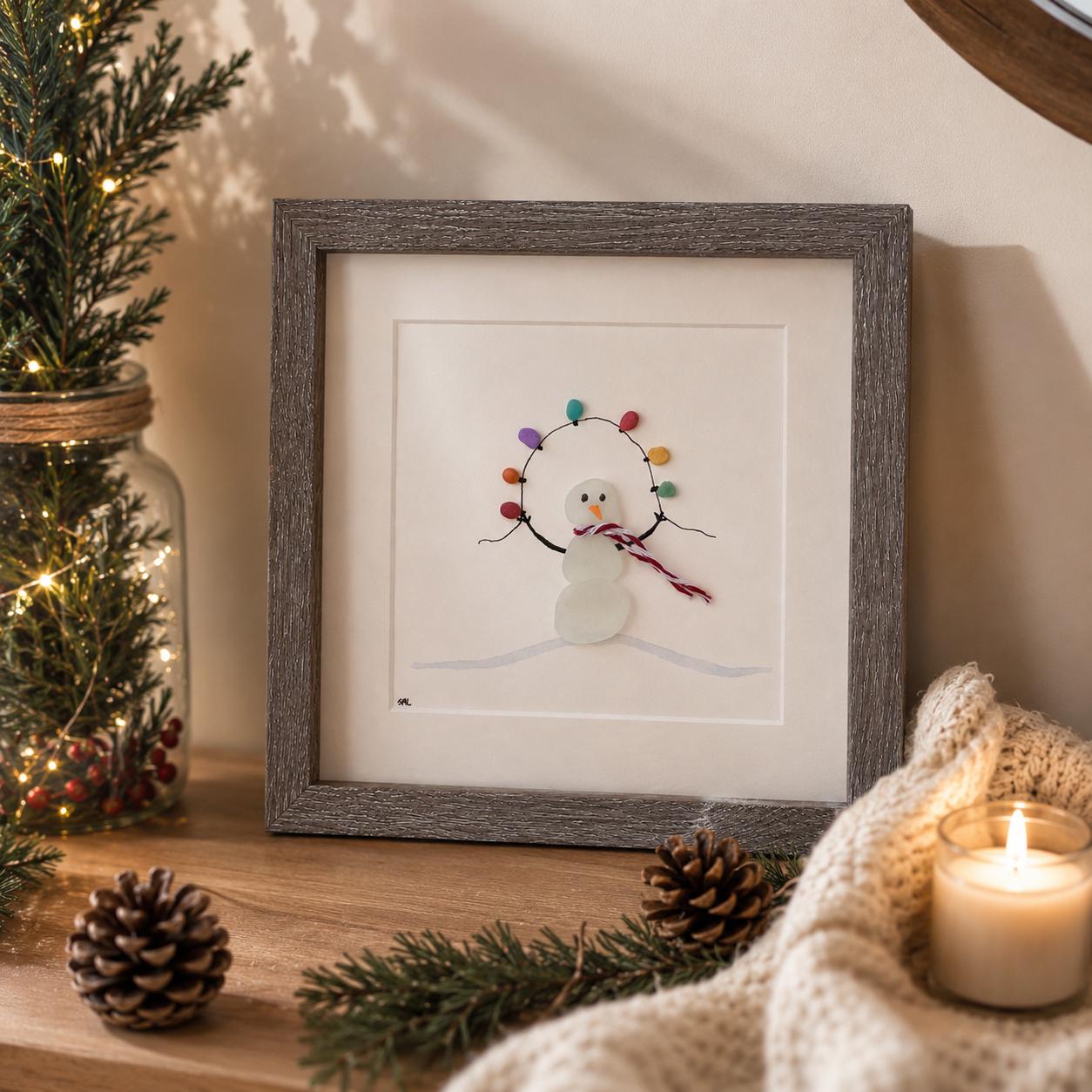 Sea Glass Snowman Framed Wall Art - Scottish Beach Pebbles, Holiday Lights