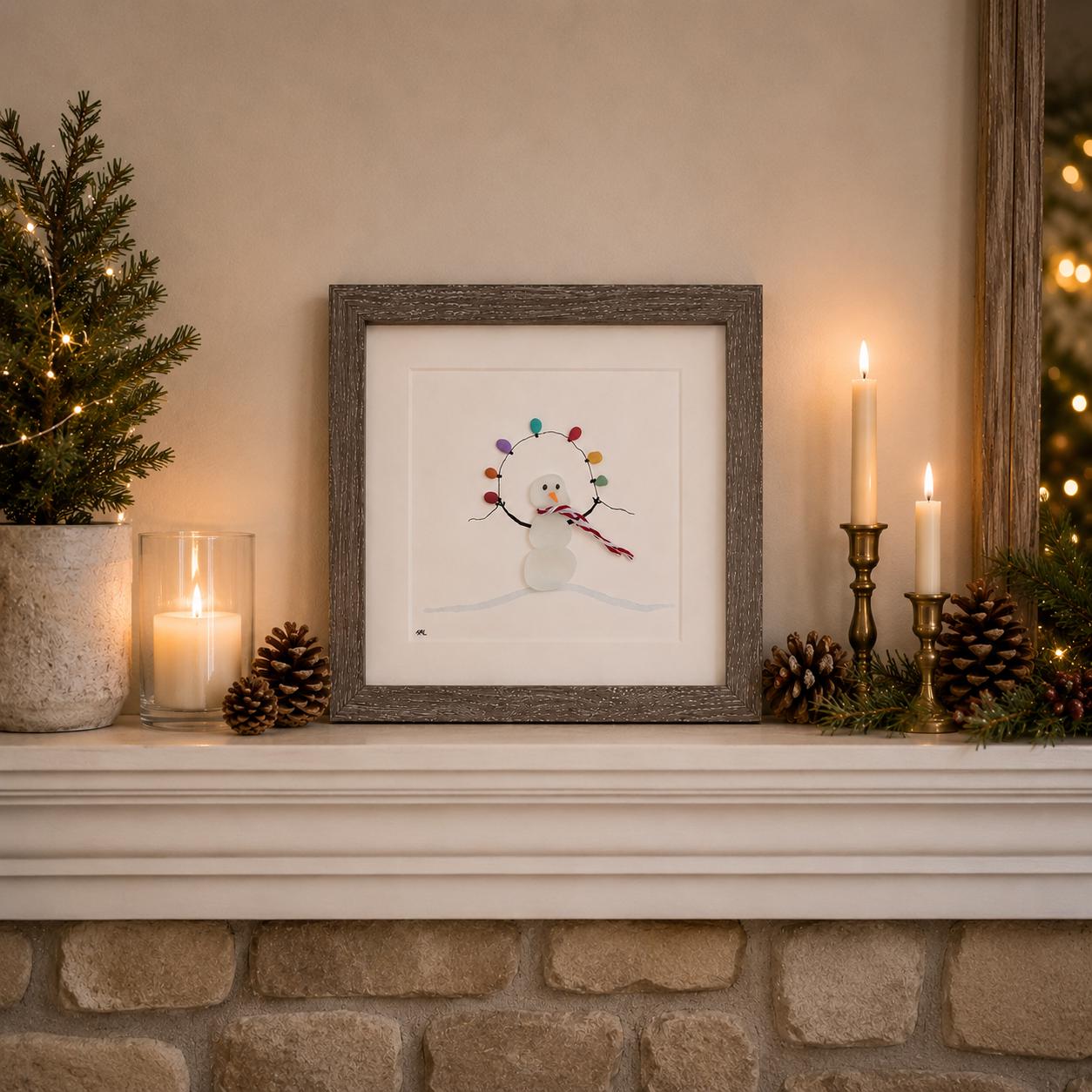 Sea Glass Snowman Framed Wall Art - Scottish Beach Pebbles, Holiday Lights
