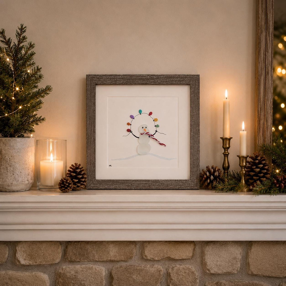 Sea Glass Snowman 9x9” Framed Wall Art Made From Natural Materials incl. Scottish sea glass and beach pebbles