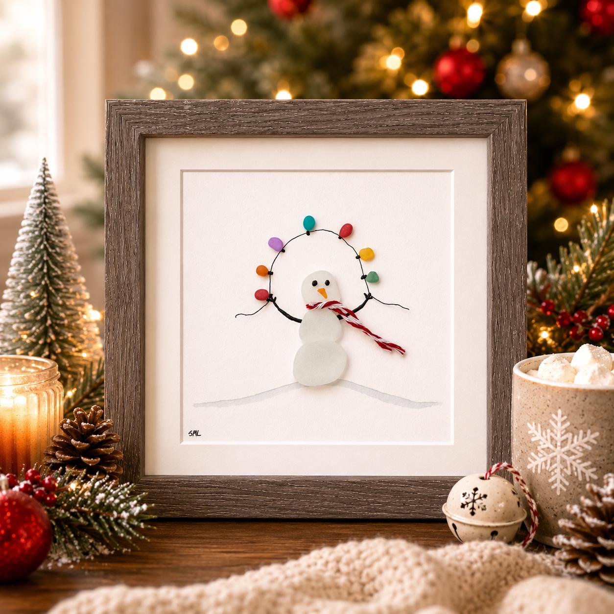Sea Glass Snowman Framed Wall Art - Scottish Beach Pebbles, Holiday Lights
