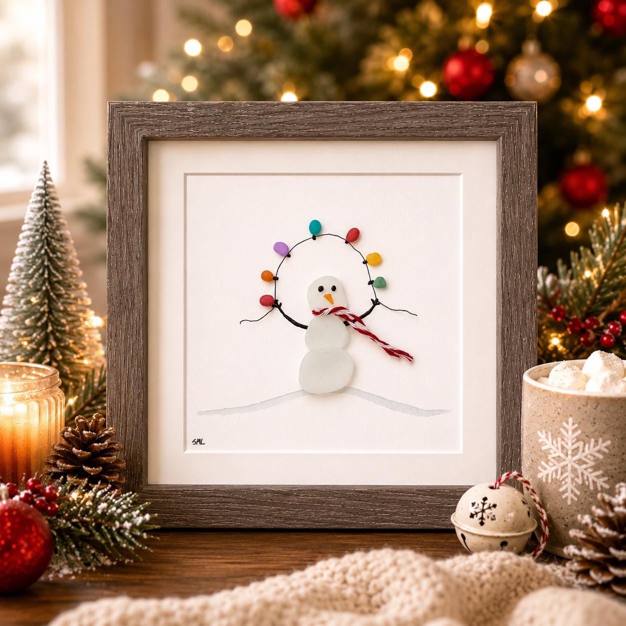 Sea Glass Snowman 9x9” Framed Wall Art Made From Natural Materials incl. Scottish sea glass and beach pebbles
