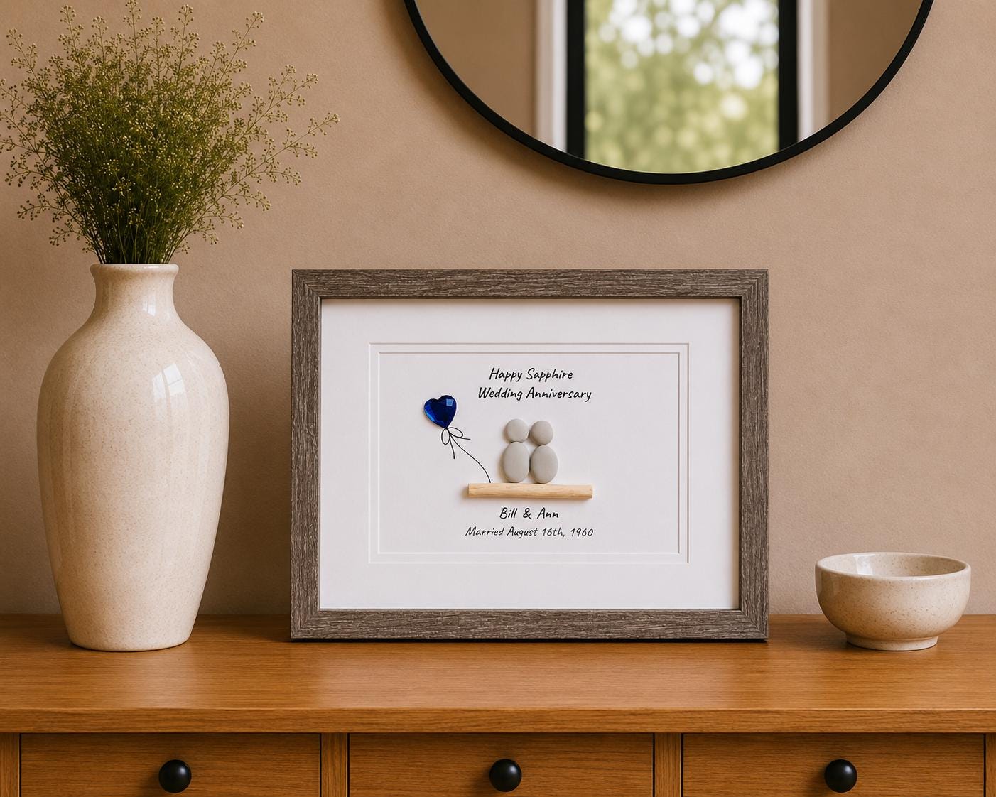 65th Sapphire Wedding Anniversary Personalized Pebble Art, 8x10 Framed 65th Anniversary Gift for Parents, Friends, Spouse