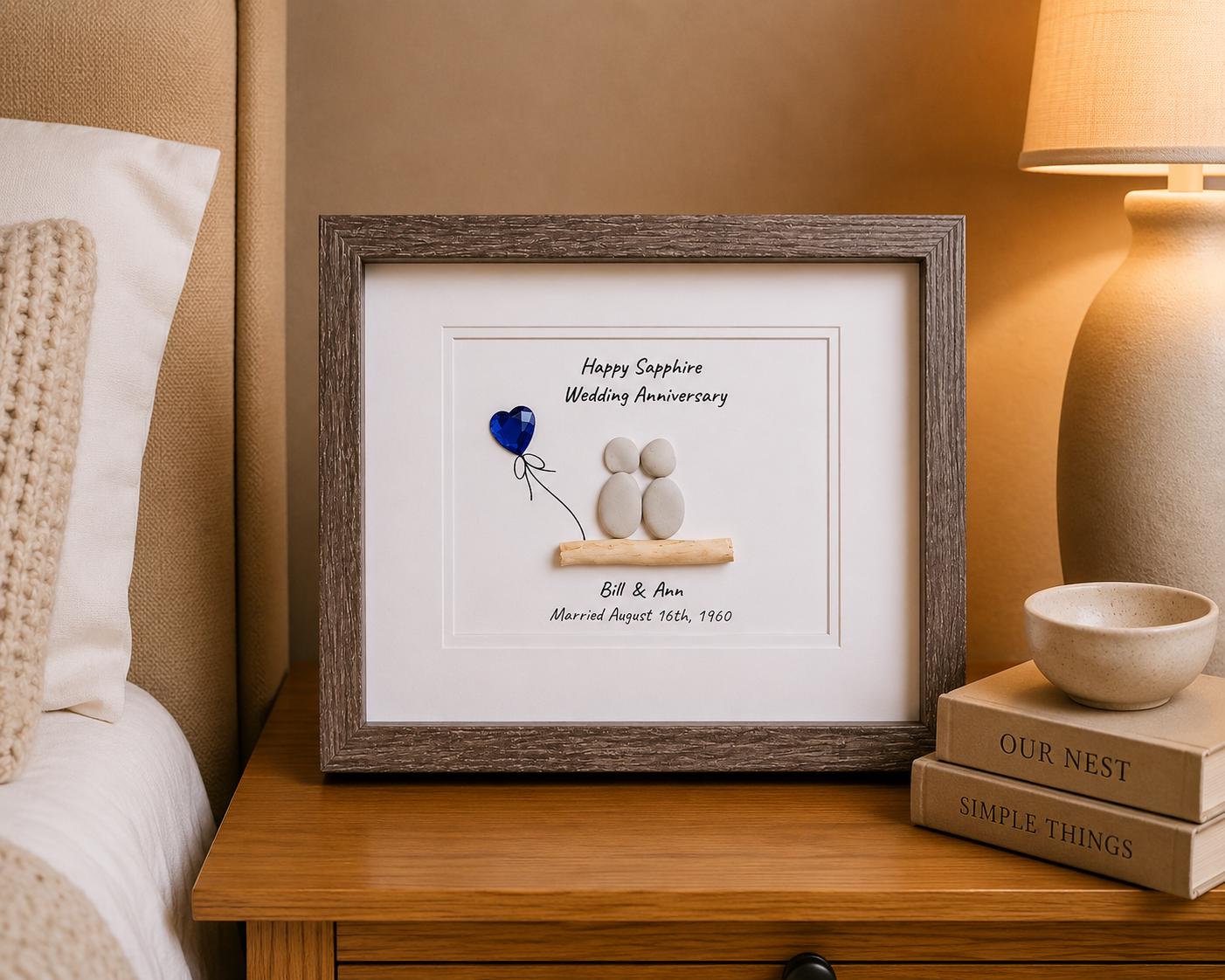 65th Sapphire Wedding Anniversary Personalized Pebble Art, 8x10 Framed 65th Anniversary Gift for Parents, Friends, Spouse