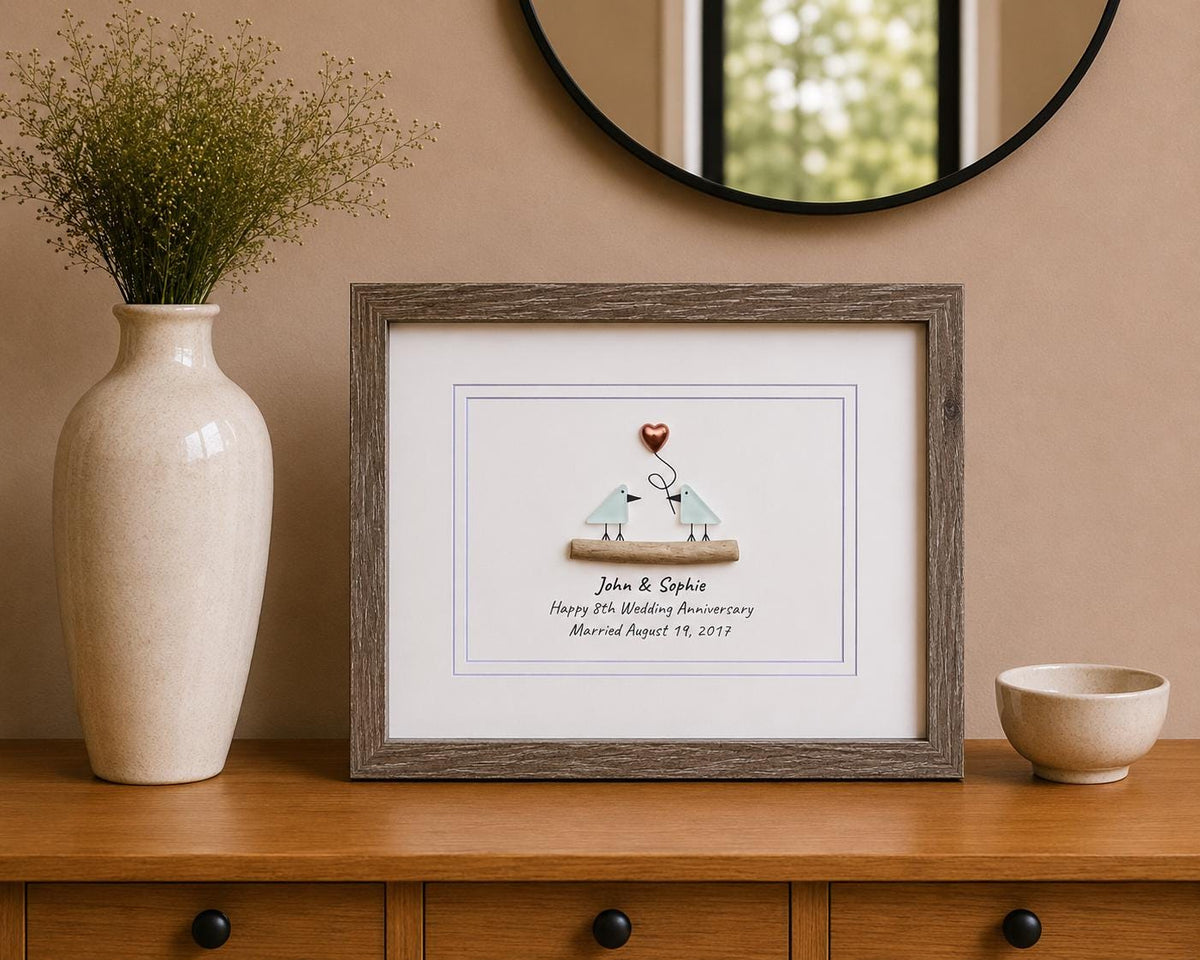 8th Wedding Anniversary 8x10" Framed Sea Glass Art, Personalized Bronze Anniversary Gift for Parents, Wife, Husband, Friends
