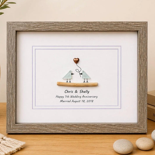 7th Wedding Anniversary 8x10" Framed Sea Glass Art, Personalized Copper Anniversary Gift for Parents, Wife, Husband, Friends