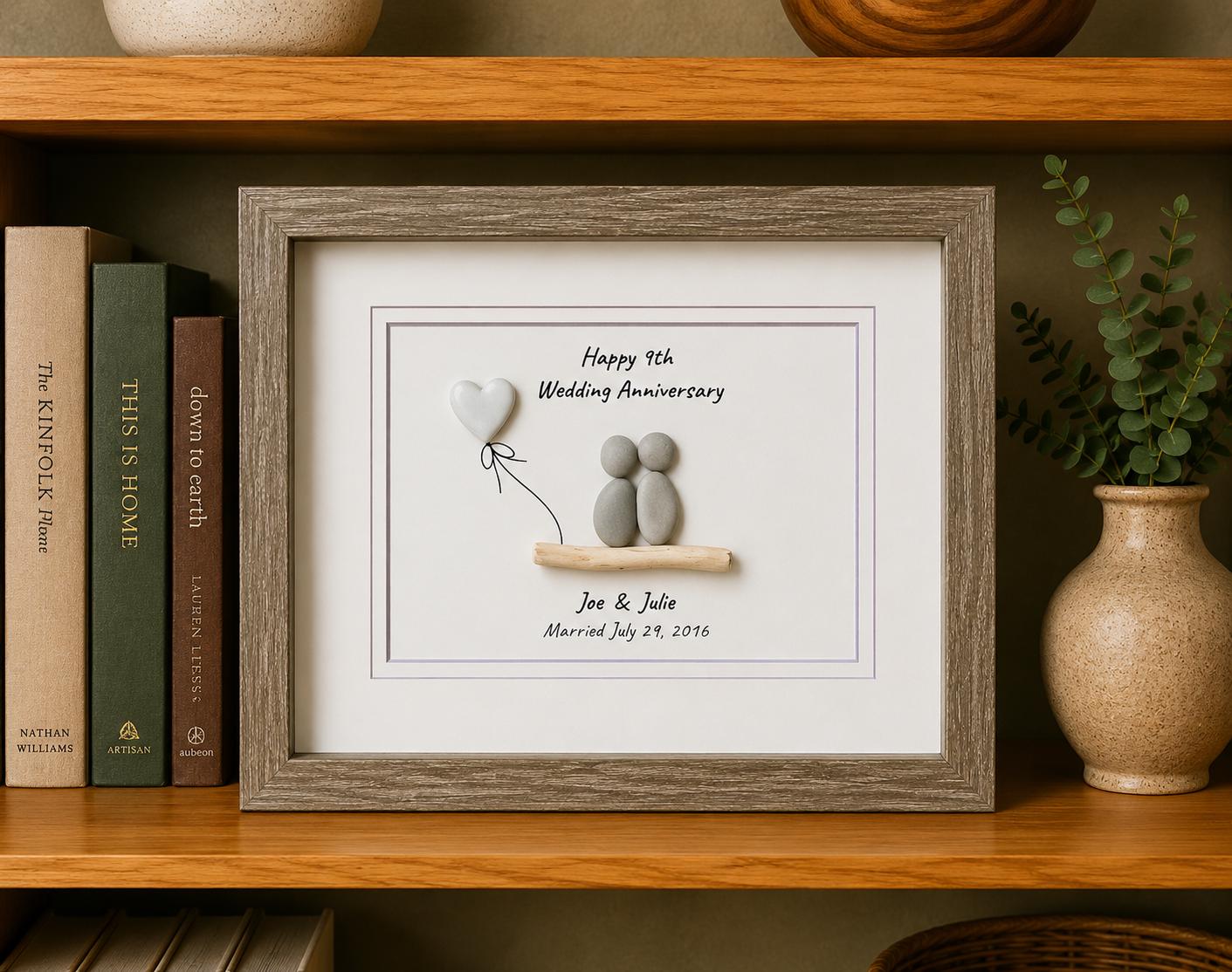 9th Wedding Anniversary 8x10" Framed Pebble Art, Personalized Pottery Anniversary Gift from Parents, Wife, Husband, Friends