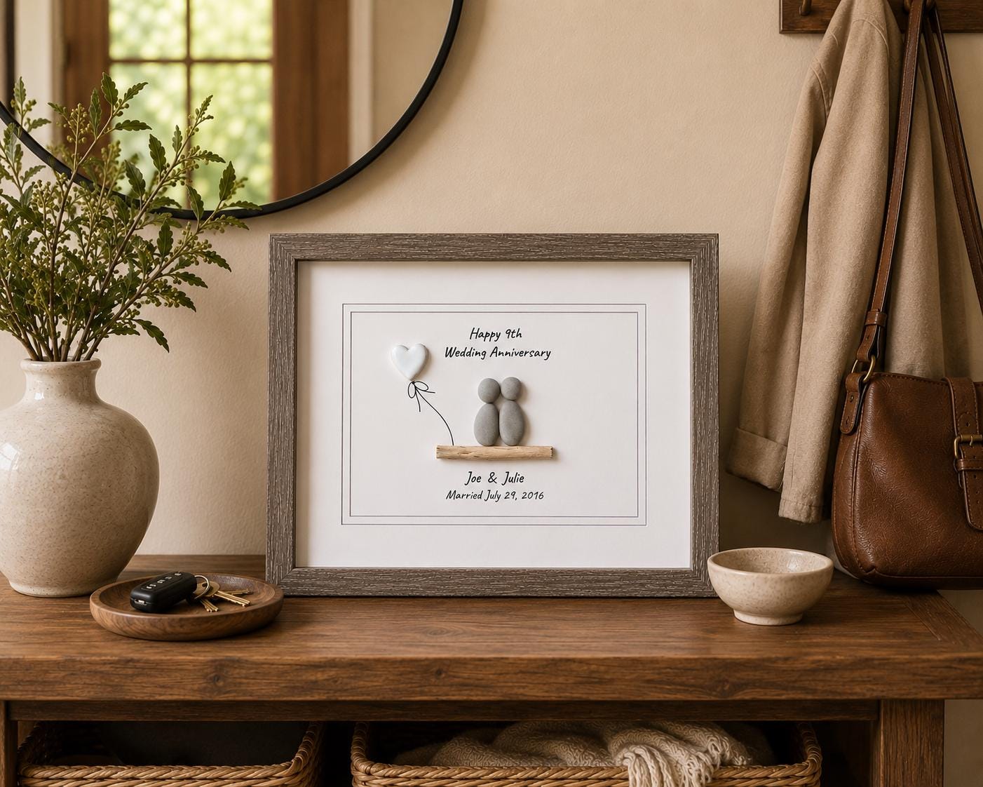 9th Wedding Anniversary 8x10" Framed Pebble Art, Personalized Pottery Anniversary Gift from Parents, Wife, Husband, Friends