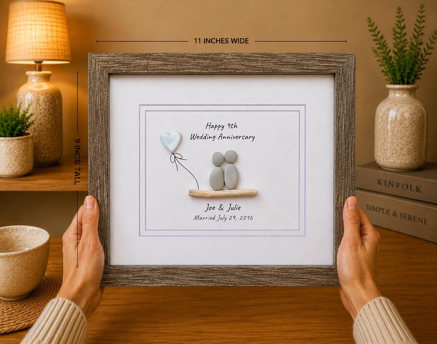 9th Wedding Anniversary 8x10" Framed Pebble Art, Personalized Pottery Anniversary Gift from Parents, Wife, Husband, Friends