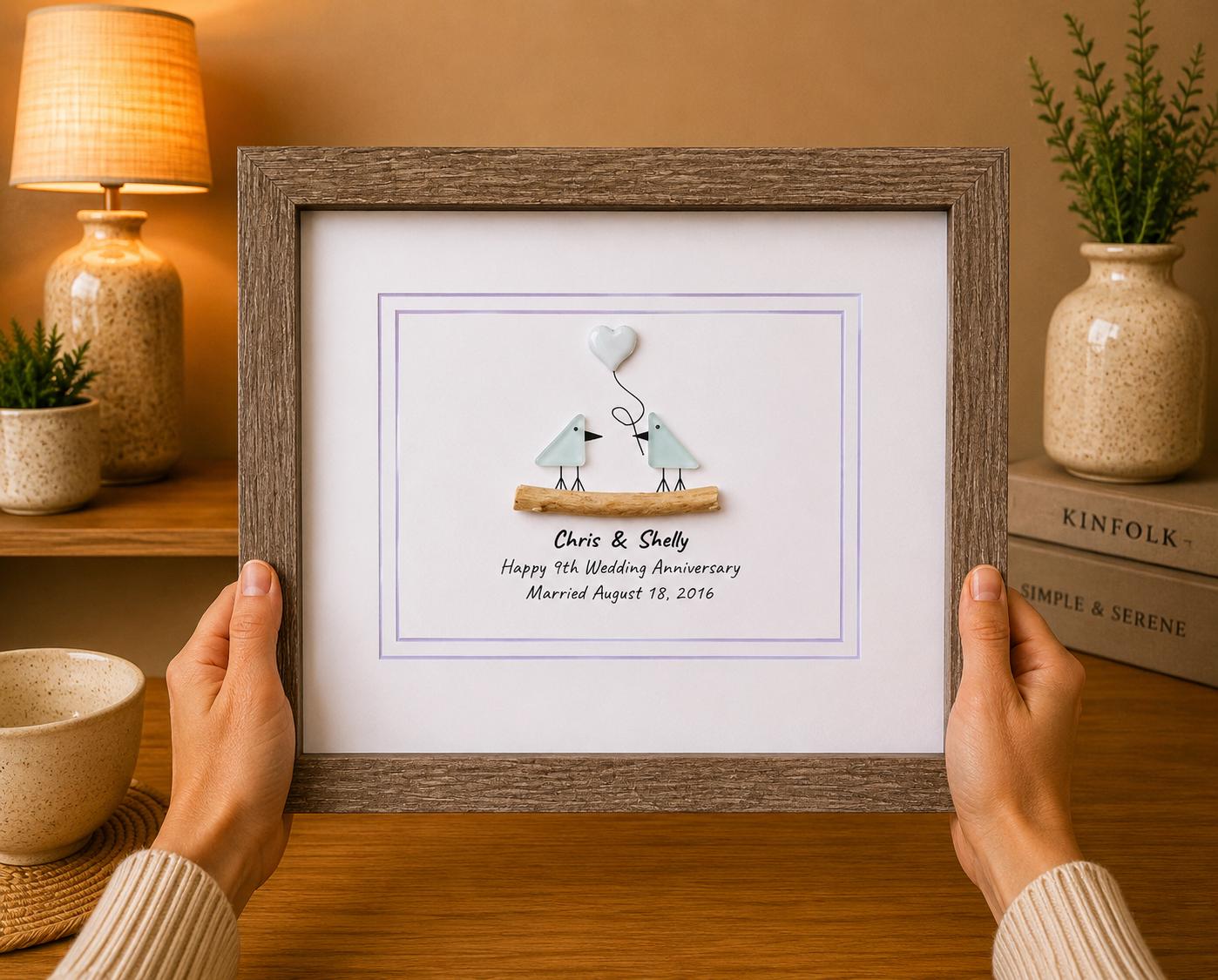 9th Wedding Anniversary Pebble Art | Sea Glass Love Birds With Ceramic Heart