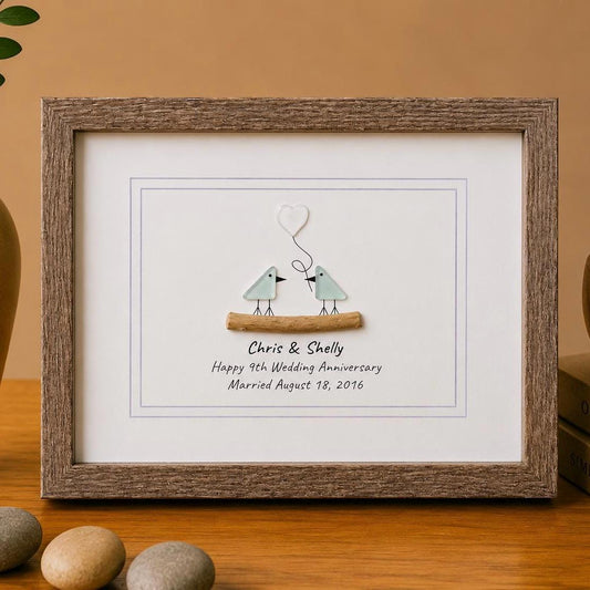 9th Wedding Anniversary Pebble Art | Sea Glass Love Birds With Ceramic Heart
