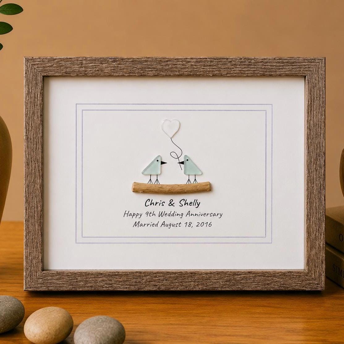 9th Wedding Anniversary Pebble Art | Sea Glass Love Birds With Ceramic Heart