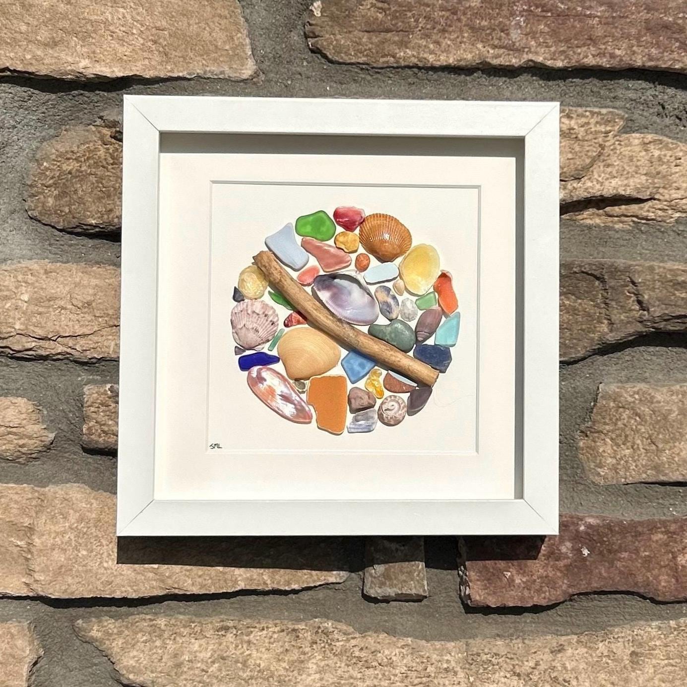 Colorful Sea Glass Circle Collage | 9x9 Framed Beach Art with Shells & Pottery | Handmade Coastal Wall Decor