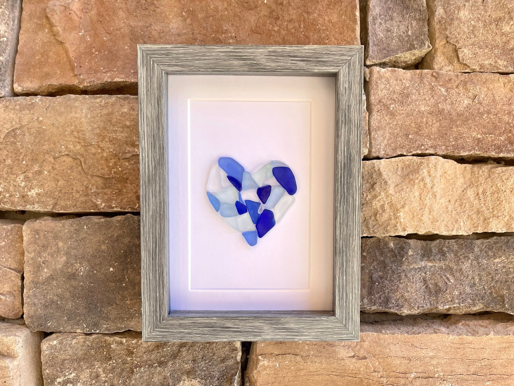 Sea Glass Heart, Framed Coastal Art, Beach Decor, Valentines Day (5x7 inch)