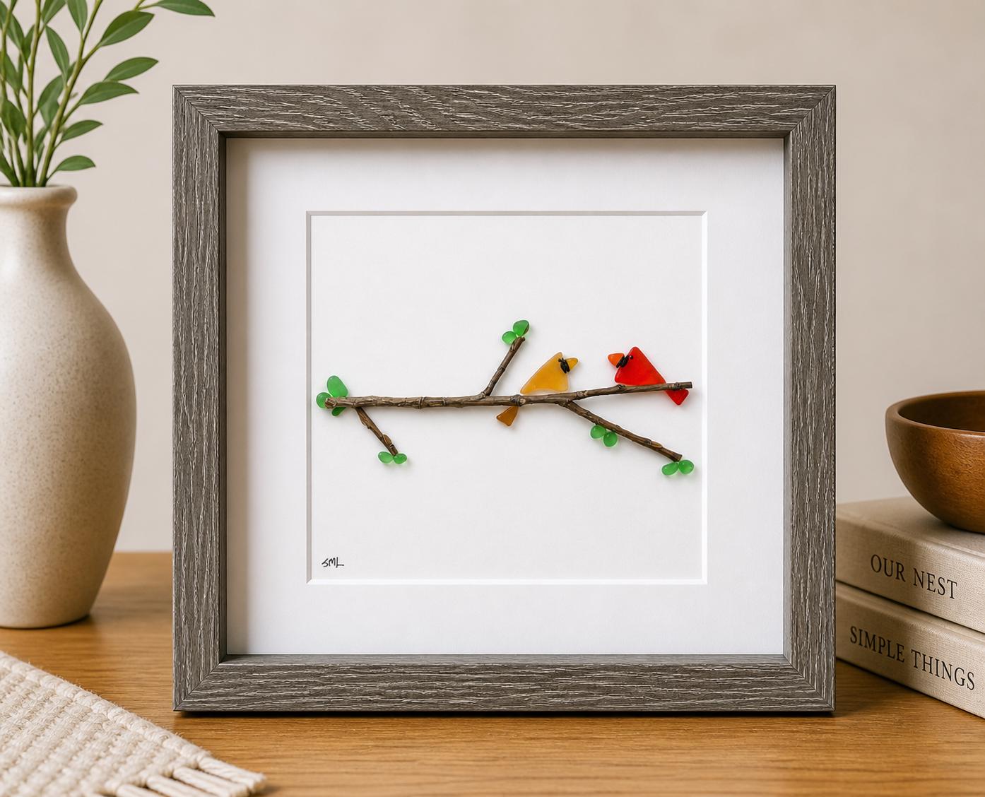 Cardinals on the Branch | Pair of Cardinals in Tree | Unique Friendship Gift | Family Gift | Framed Handmade Artwork | 8x8 Sea Glass Art