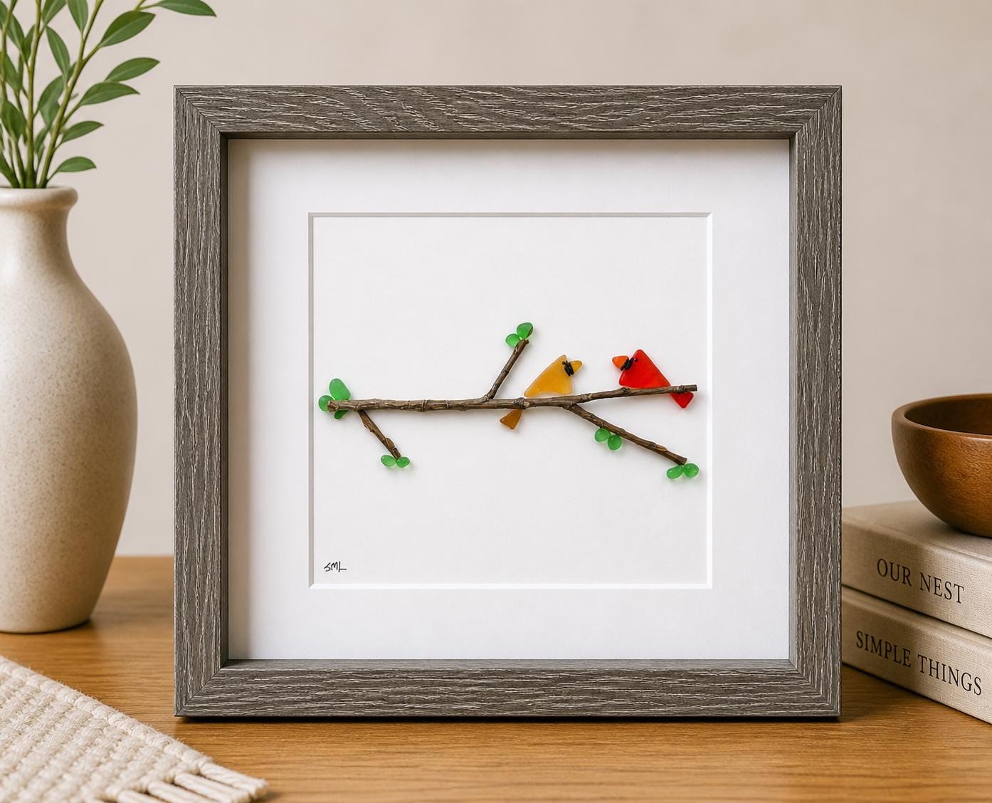 Sea Glass Cardinal Wall Art | Framed Bird Art | Memorial Gift