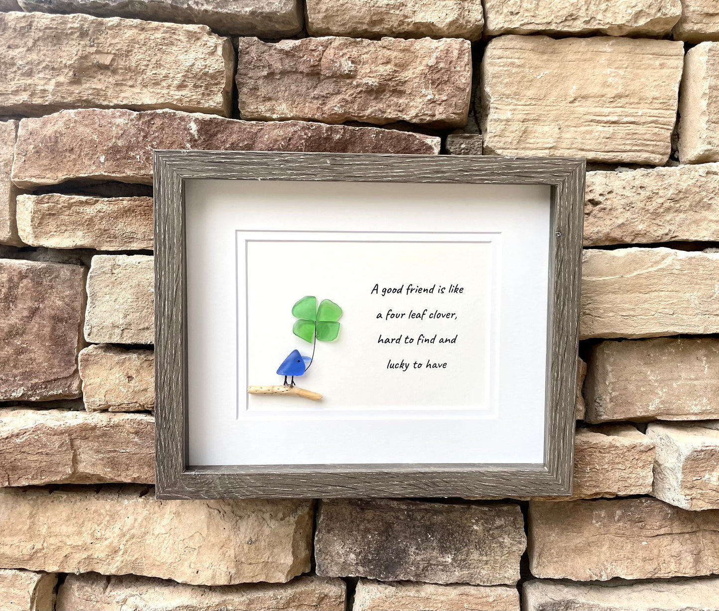 Sea Glass Art - Four Leaf Clover, St Patrick's Day, Framed Handmade Artwork