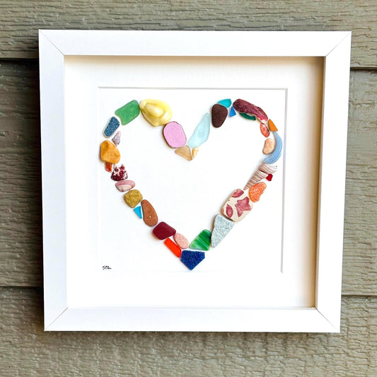 Heart Shaped Beach Collage Made of Scottish Sea Glass, Shells, Sea Pottery and Pebbles, 9x9 Framed Handmade Coastal Decor