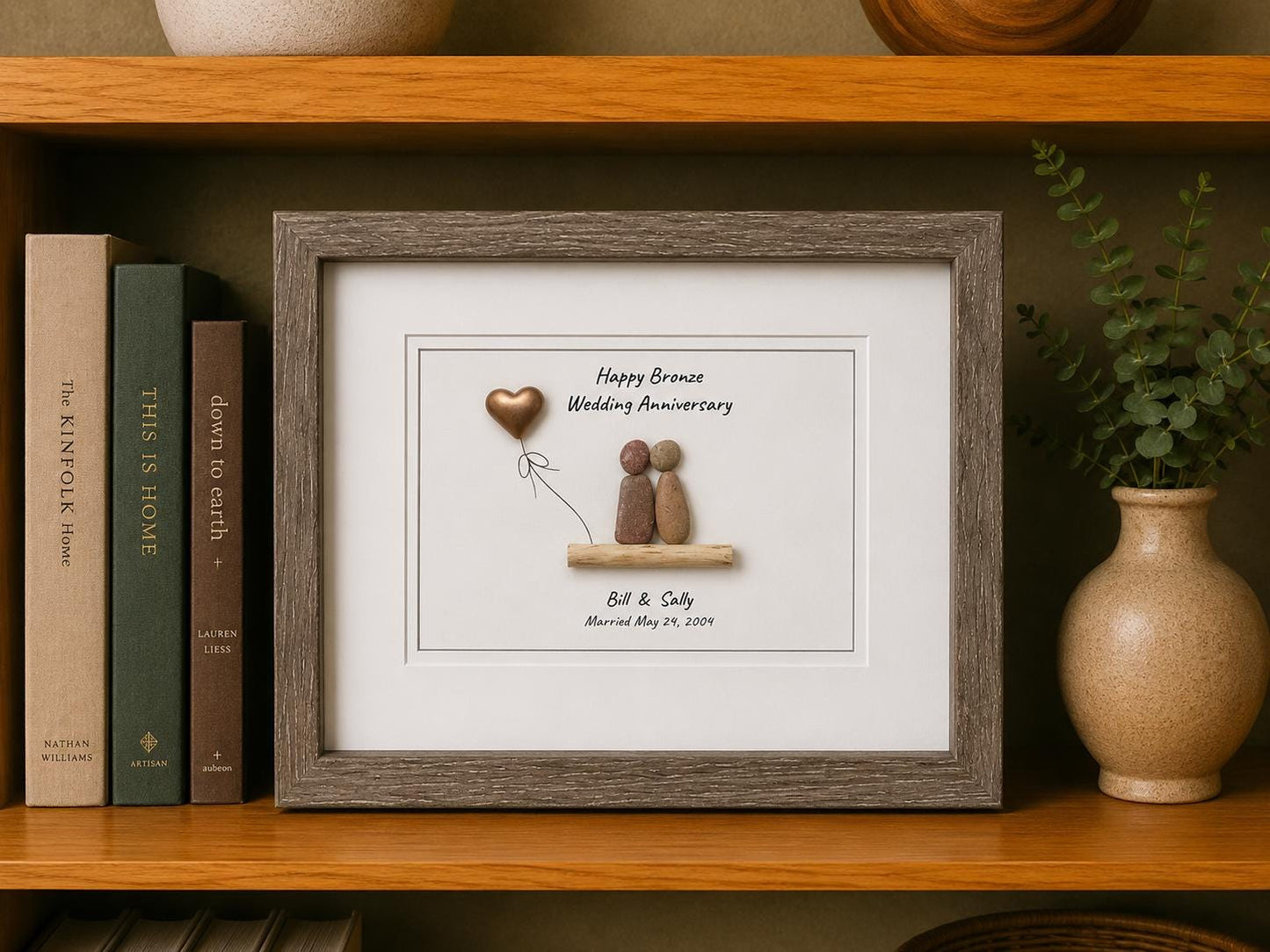Personalized Pebble Art 8th Anniversary Gift | Bronze Heart
