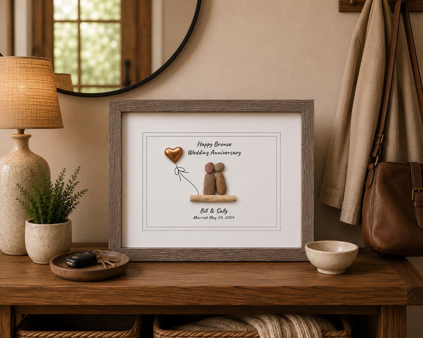 Personalized Pebble Art 8th Anniversary Gift | Bronze Heart